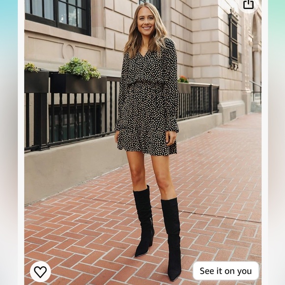 The Drop Women's Black/Tan Polka-dot Tiered V-neck Mini Dress - size Small - Picture 2 of 6